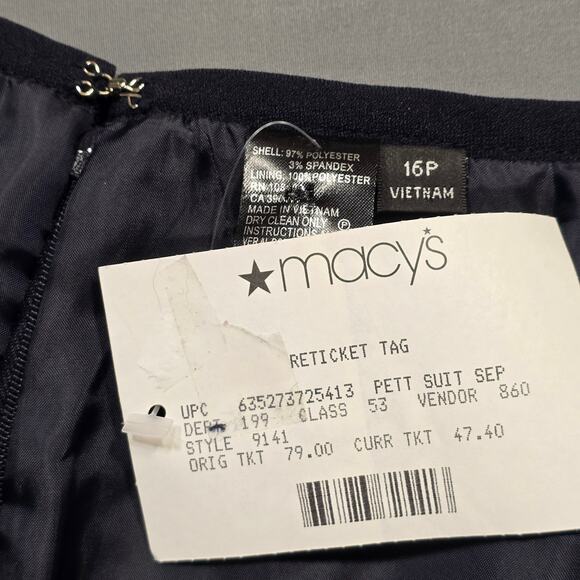 Macy's Navy Blue Suit Skirt NEW Lined Slit Zip A-Line Midi Womens Petite Size 16 - Picture 3 of 9